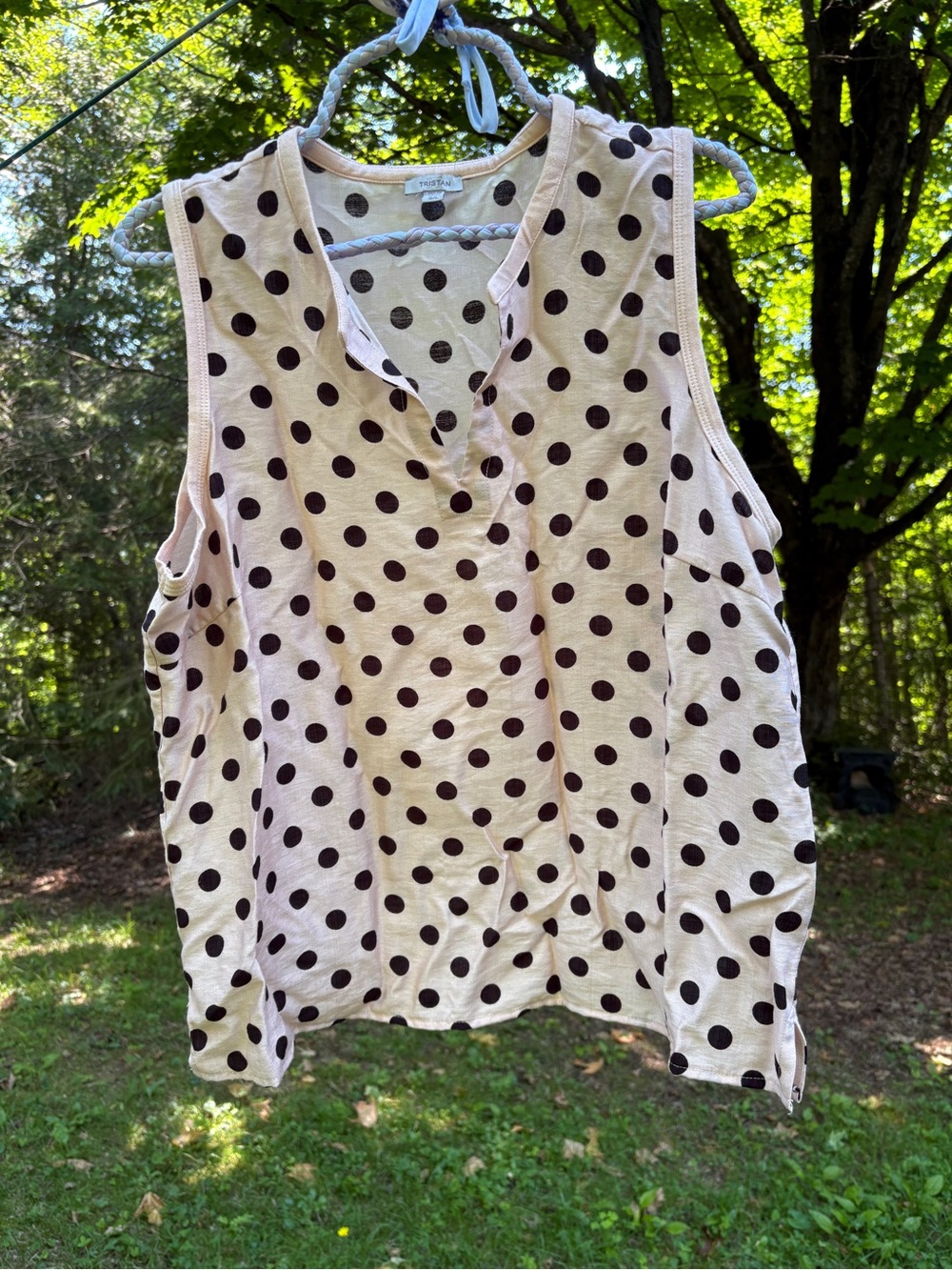 Linen polka dot top in pale pink and black by Tristan.